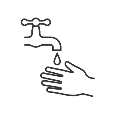 Elleri yıkamak için siyah çizgi ikonu. Eller suyun altında.