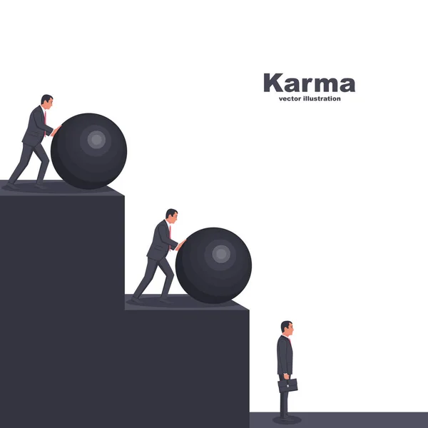 Conceito de karma. O homem está a empurrar uma bola. Punição pelo dano causado —  Vetores de Stock