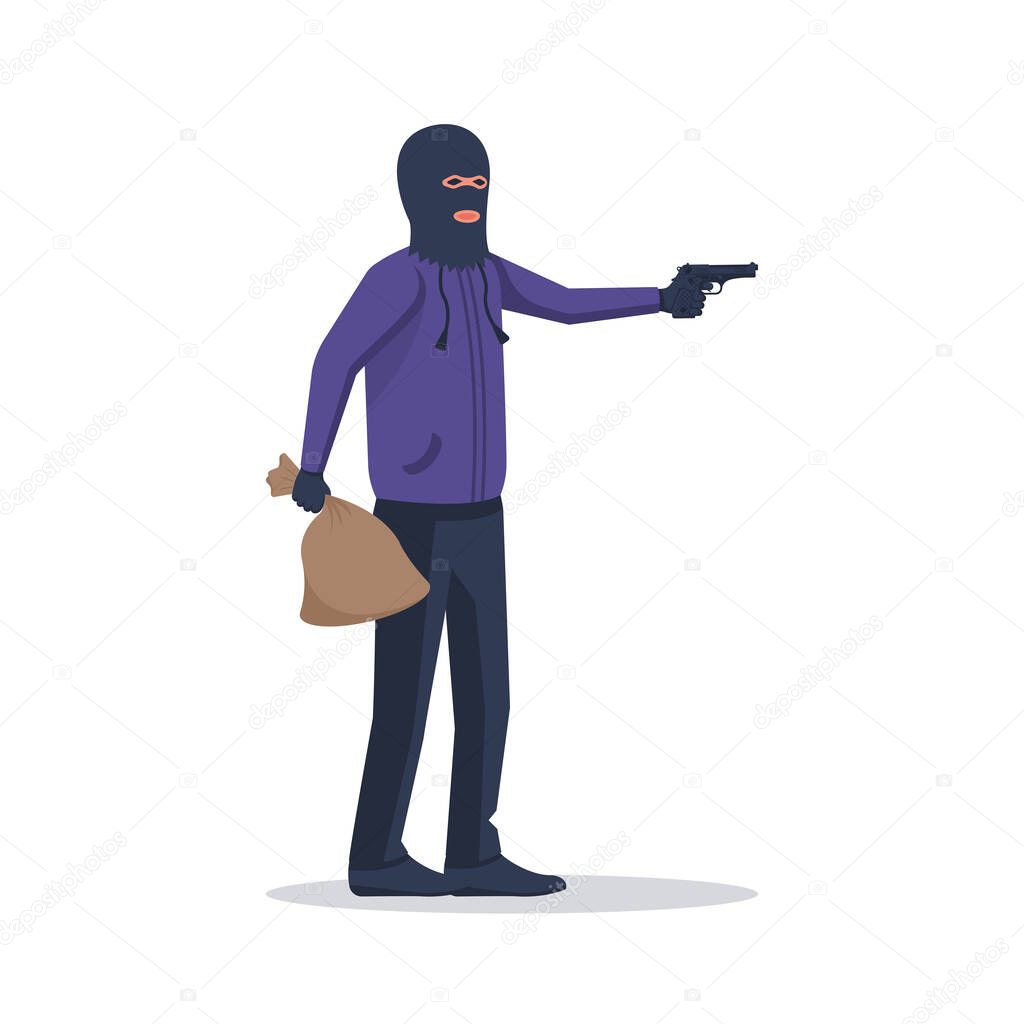 Armed robber with a gun. Bandit in a mask and a money bag.