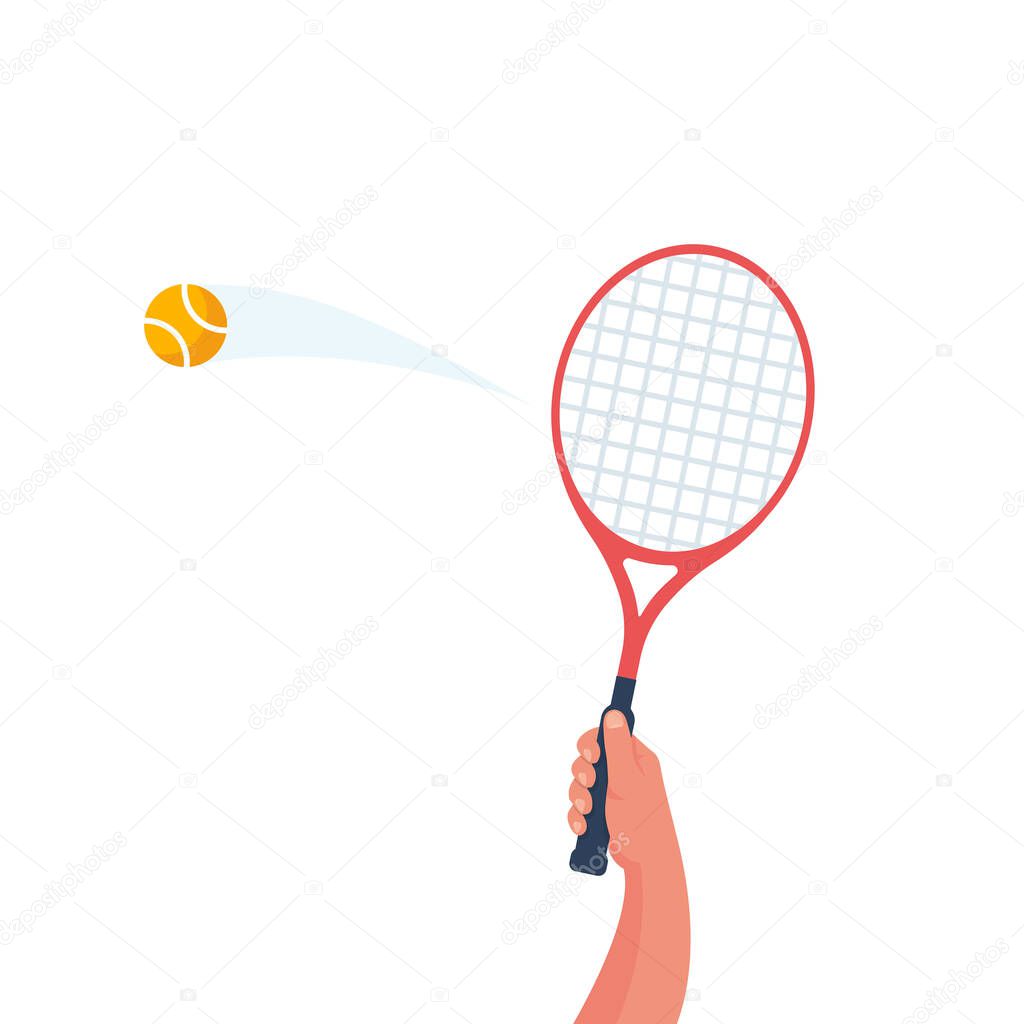 Tennis racket in the hand. Yellow ball in flight. Sports lifestyle.