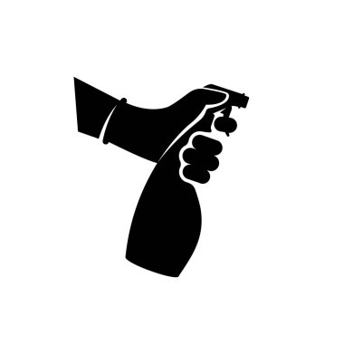 Siyah ikon antiseptik sprey. Eldivenli Pictogram elleri şişeyi tutuyor. Antibakteriyel matara bakterileri öldürür. Dezenfektan konsepti. Vektör düz tasarım. Beyaz arka planda izole edilmiş. Coronavirus koruması