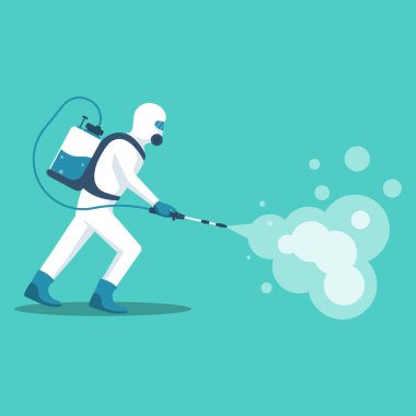 Man in hazmat. Protective suit, gas mask and gas cylinder for disinfection coronavirus. Toxic and chemicals protection. Spraying pesticides. Biological precaution. Vector illustration flat design.  clipart