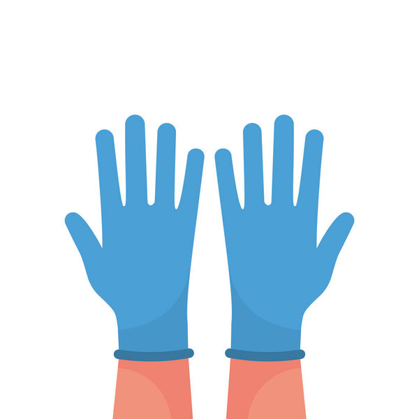 Hands putting on protective blue gloves. Latex gloves as a symbol of protection against viruses and bacteria. Precaution icon. Vector illustration flat design. Isolated on white background.