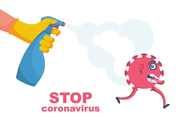 Man Gloves Holds Bottle Antiseptic Spray Prevention Controlling Epidemic Coronavirus — Stock Vector