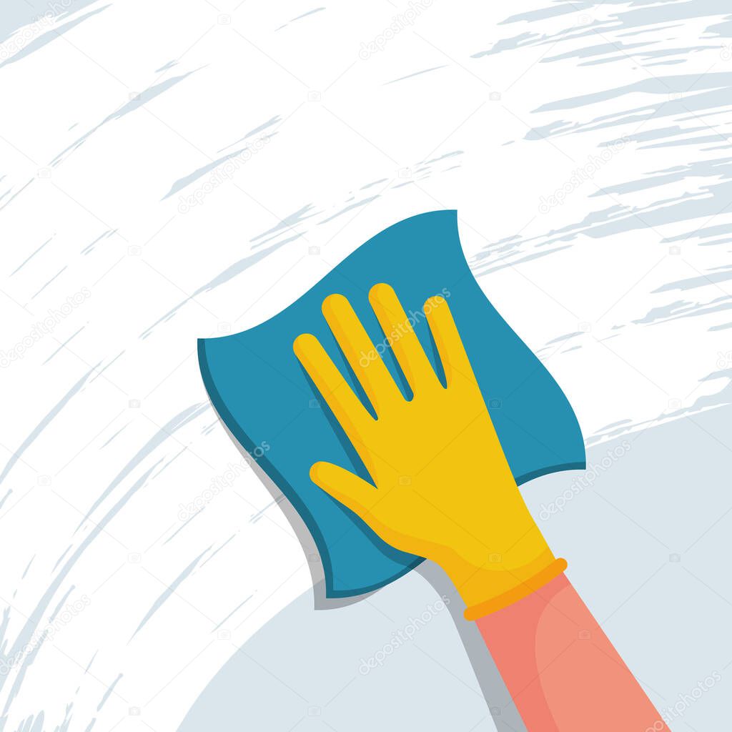 Cleaning napkin in the hands of a houseworker. Cleaning window. Wipe with a cloth, blue microfiber, yellow gloves. Housekeeping service. Vector illustration flat design. The concept of disinfection.