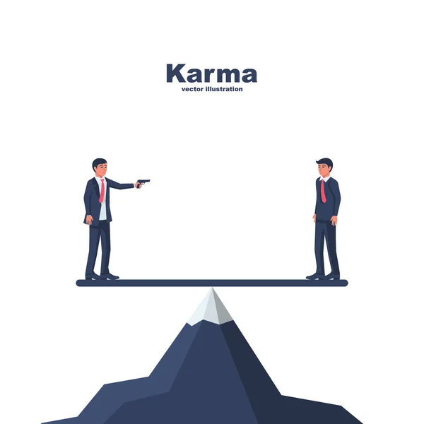 Conceito Karma Dois Homens Numa Montanha Equilibrar Numa Tábua Arma —  Vetores de Stock
