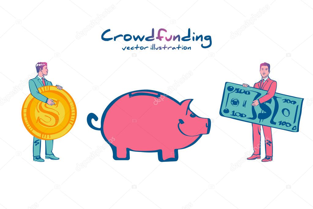 Landing page crowdfunding. Business model funding project. Crowd funding. Teamwork. Businessmen put money coins common piggy bank. Vector illustration sketch design. Isolated on background.