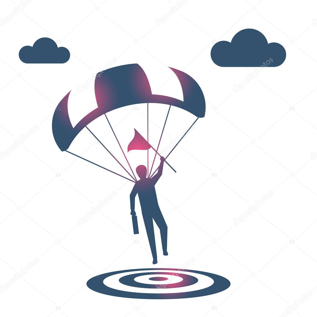 Black silhouette businessman on a parachute with a flag lands on target. Symbol champion. Achieve business goal. Vector illustration flat design. Solution to achieve mission. Aiming direction victory.