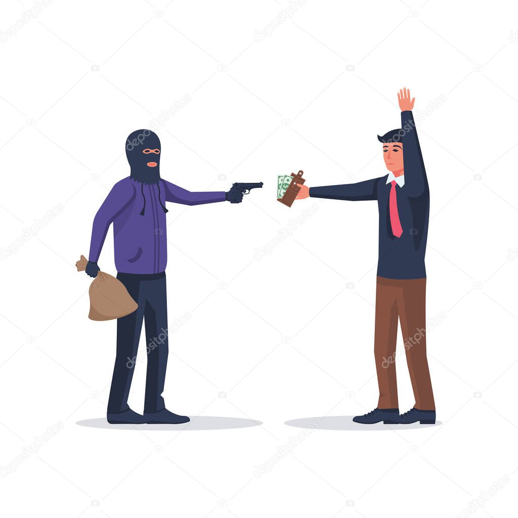 Armed robber with a gun. Robbery victim gives cash. Bandit in a mask and a money bag. Wallet in the hand. The criminal demands money. Vector illustration flat design. Isolated on white background. 