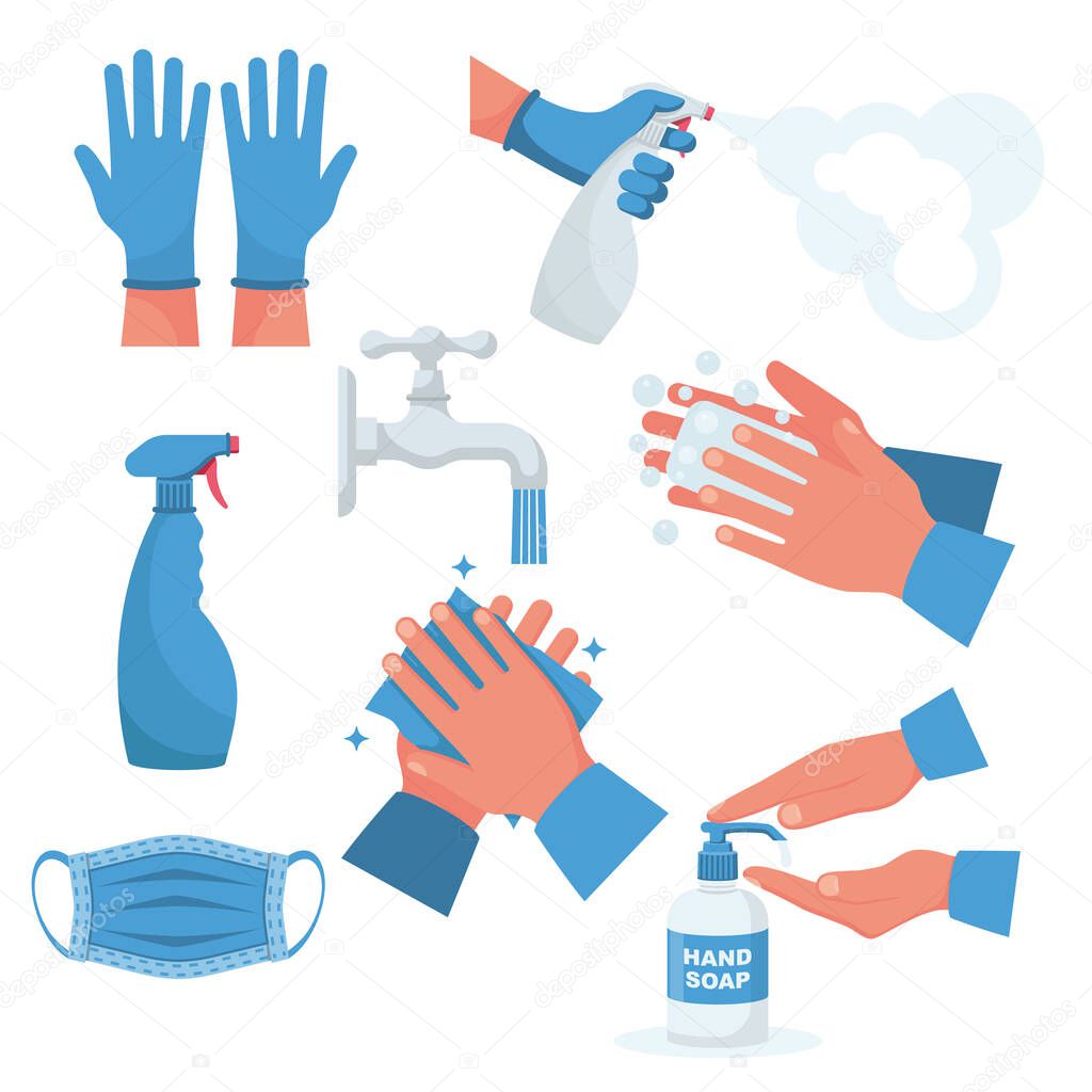 Prevention set. Rubber gloves on hands, medical mask.