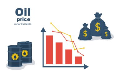 Petrol varili, dolar ve grafik. Petrol piyasasının çöküşü. Petrolün fiyatı. İniş sayfası Vektör illüstrasyonu.