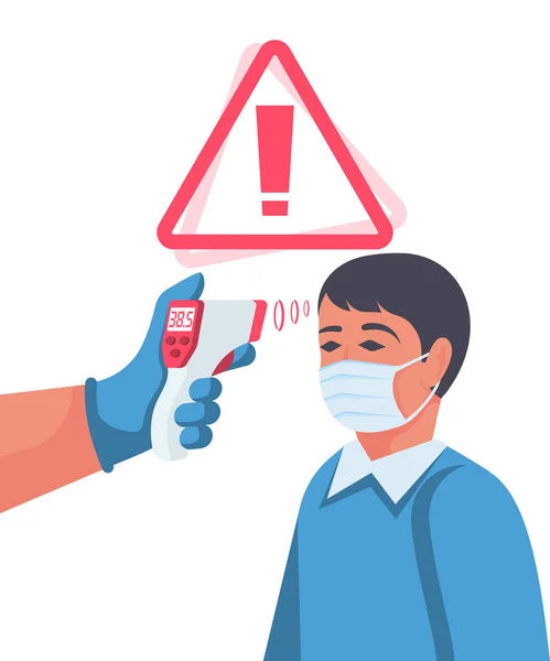 温度チェックの概念 病気の症状 高温に注意してください コロナウイルスの患者だ 手に非接触温度計 ウイルス対策 流行2019 Ncv ベクトルフラットデザイン — ストックベクタ