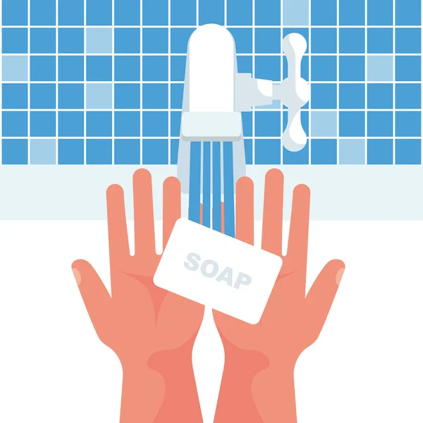 Hände Waschen Mann Hält Seife Der Hand Seifenblasen Vektor Illustration — Stockvektor