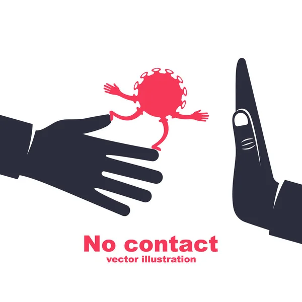 手に漫画コロナウイルス 細菌は握手を通して送信されます ジェスチャー物理的な接触はない ベクトルイラスト漫画フラットデザイン 病気の予防と予防 — ストックベクタ