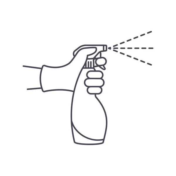 Zwarte Lijn Pictogram Antiseptische Spray Pictogram Handen Handschoenen Houden Fles — Stockvector