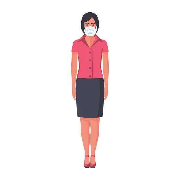 ビジネススーツのビジネス女性と彼女の顔に医療マスク コロナウイルスの予防Covid ベクトルイラスト平面デザイン — ストックベクタ