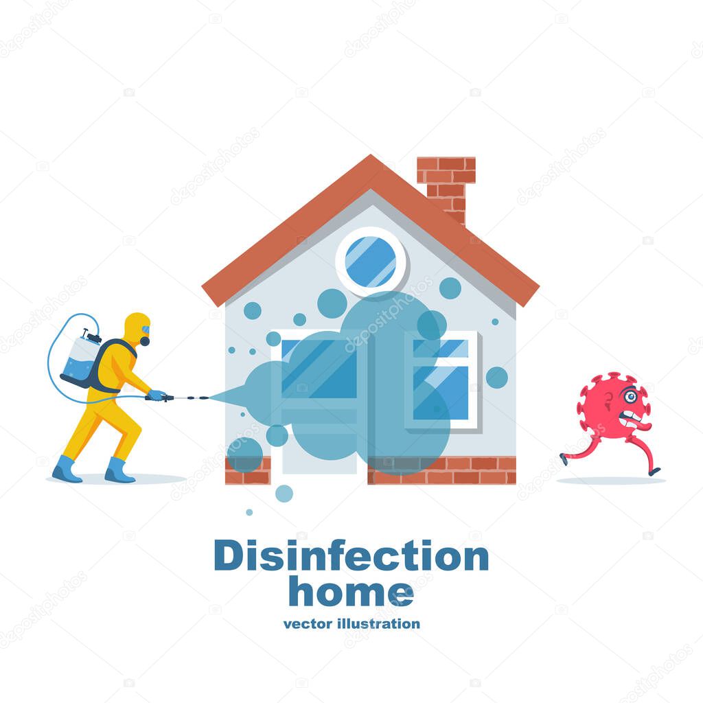 Disinfection home. Prevention controlling epidemic of coronavirus covid-2019. Worker in hazmat suit does sanitization. Chemical protection. Vector illustration flat design. Cleaner in hand.