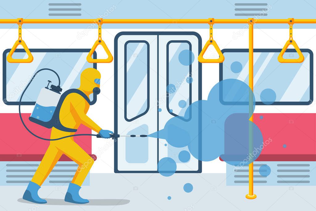 Worker in protective suit disinfects empty subway car. City public transport. Vector illustration flat design. Stop covid-19. Prevention coronavirus. Disinfection and cleaning. Antibacterial washing.