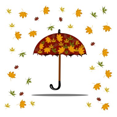 Düşen sonbahar yaprakları ve kırmızı şemsiye