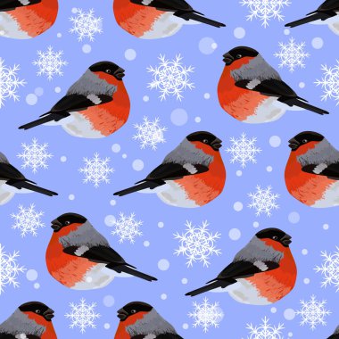 Kar taneleri ve bullfinches ile Seamless Modeli