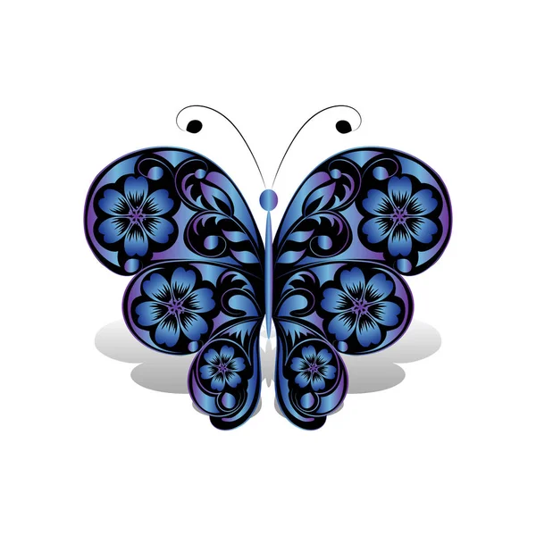 Blauer Schmetterling mit floralem Muster. — Stockvektor