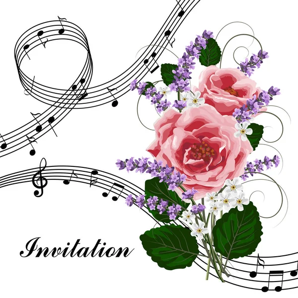 Ροζ τριαντάφυλλα με σημειώσεις μουσική. — Διανυσματικό Αρχείο