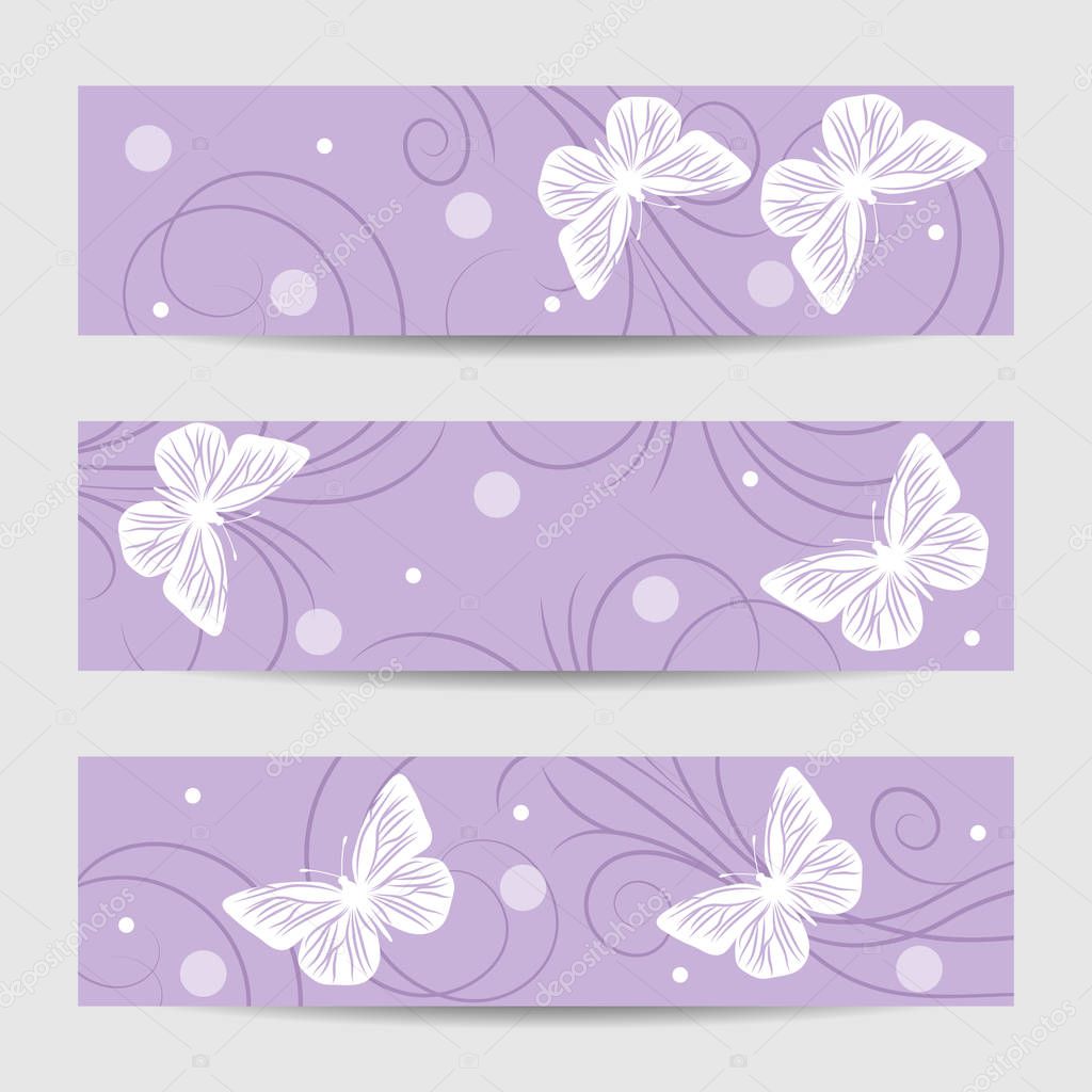Set of horizontal banners with paper butterflies