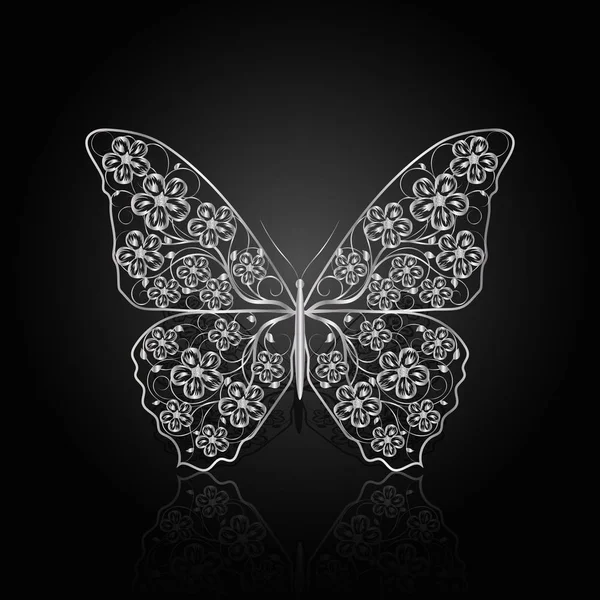 Mariposa de plata con patrón floral . — Vector de stock