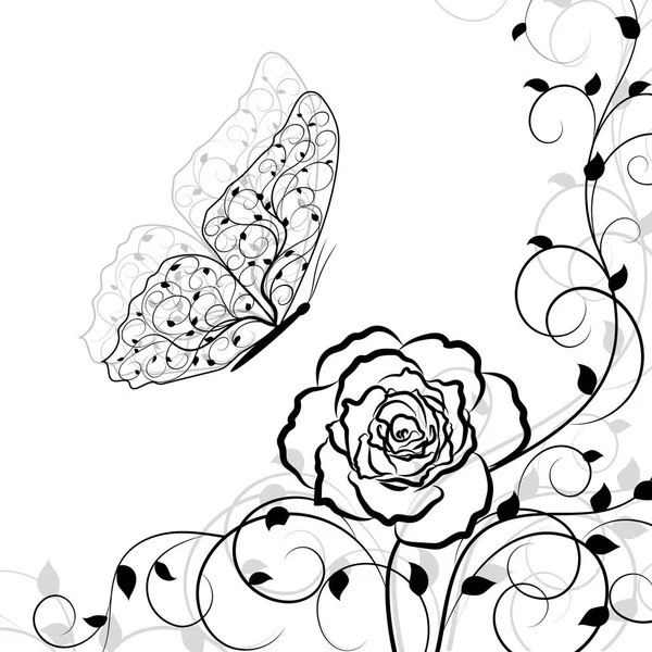 Patrón floral negro y mariposa sobre fondo blanco — Archivo Imágenes Vectoriales