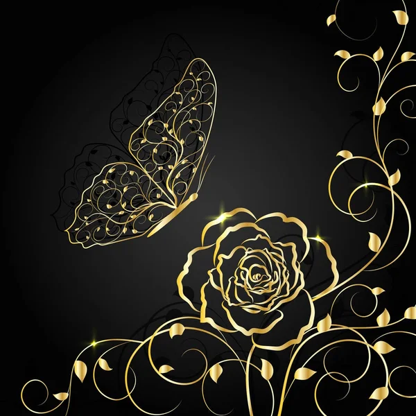 Motif floral or et papillon sur fond noir — Image vectorielle