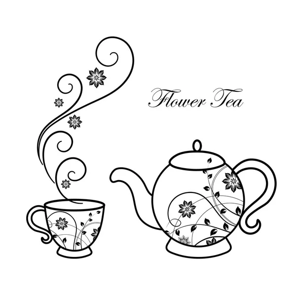 Teekanne und Tasse mit floralen Designelementen. — Stockvektor