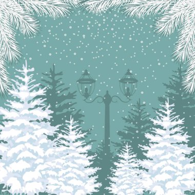 Vector winter background. Snowfall, fir trees and lanterns. Outside park landscape