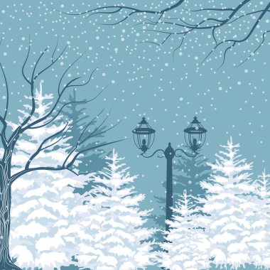 Vector winter background. Snowfall, fir trees and lanterns. Outside park landscape