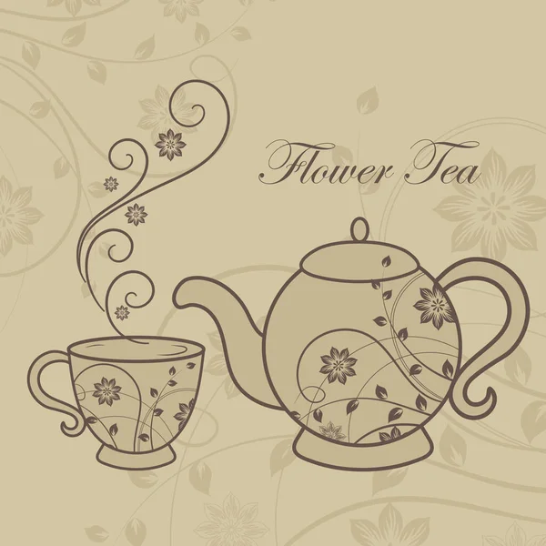 Tetera y taza con elementos de diseño floral . — Vector de stock