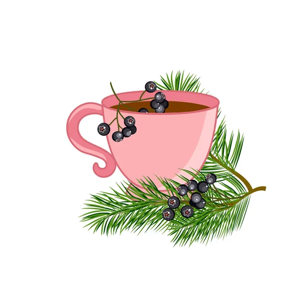 Una taza de té con ramas de pino y serbal negro. Ilustración vectorial — Vector de stock