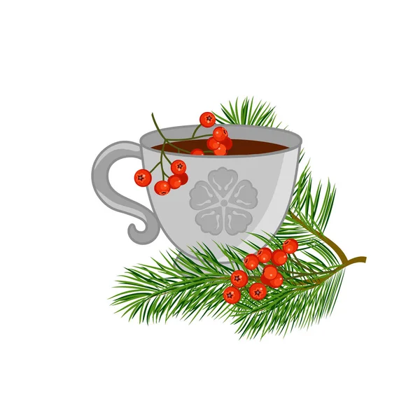 Una taza de té con ramas de pino y serbal rojo. Ilustración vectorial — Vector de stock