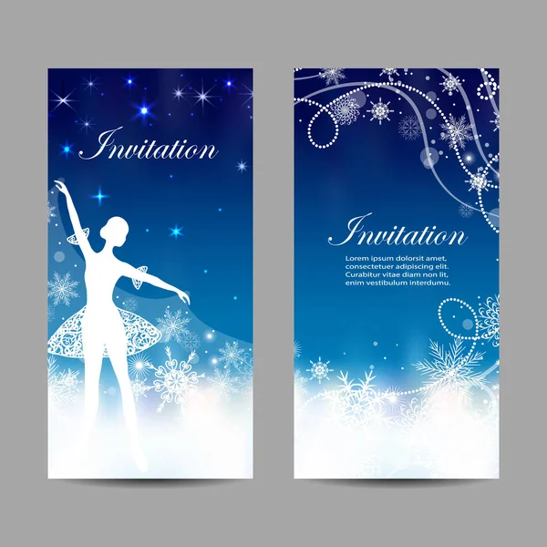 Invitations de Noël et du Nouvel An avec ballerine tendre tenant une couverture de neige — Image vectorielle