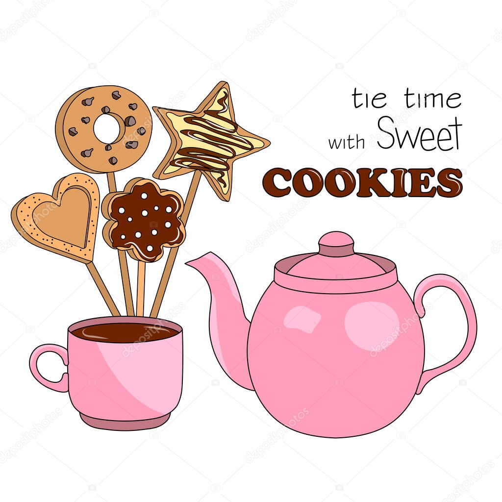 Pink teapot and cup of tea with different kinds of home made cookies on the wooden sticks