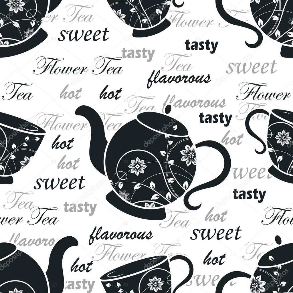 Seamless pattern with teapots and cups with floral design elements. Vector illustration