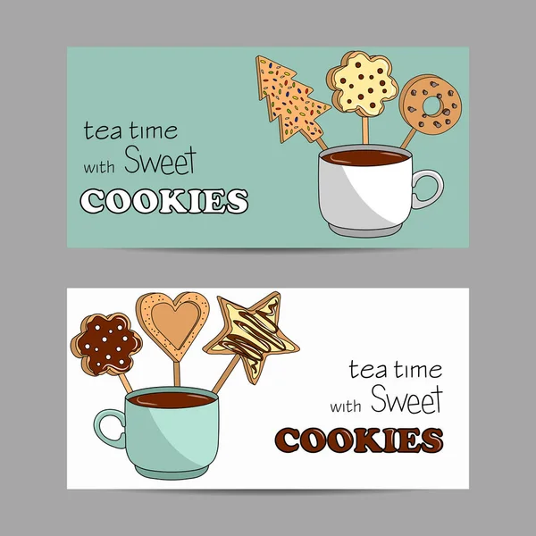 Conjunto de pancartas horizontales con taza de té y diferentes tipos de galletas caseras en los palos de madera — Vector de stock