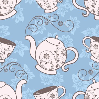 Çaydanlık ve bardak çiçek tasarım elemanları ile Seamless modeli. Vektör çizim