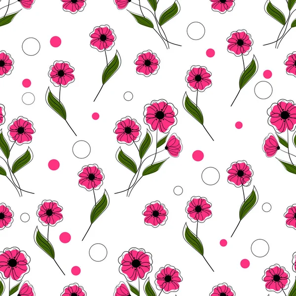 Patrón sin costuras con flores rosadas sobre fondo blanco. Ilustración vectorial — Vector de stock