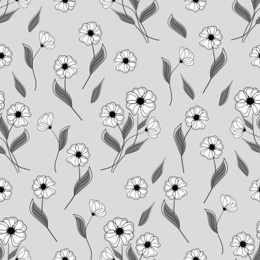 Gri arka planda beyaz çiçekli pürüzsüz desen. Vektör illüstrasyonu