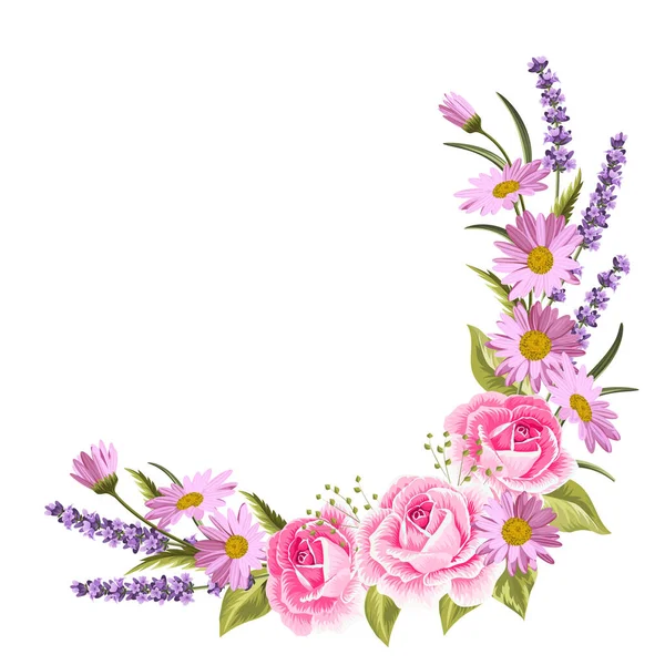 하얀 배경에는 아름다운 분홍빛 장미와 라벤더 꽃들이 있다. 벡터 일러스트 — 스톡 벡터