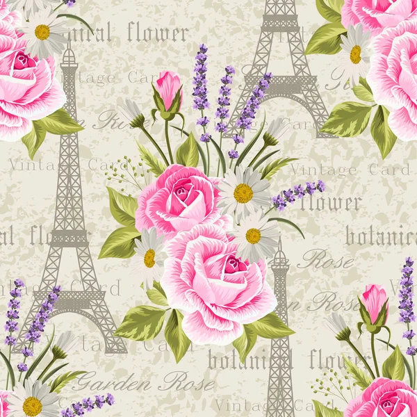 Bezszwowy wzór kwiatowy z wieżami Eiffla na tle pocztówki vintage. Ilustracja wektora — Wektor stockowy