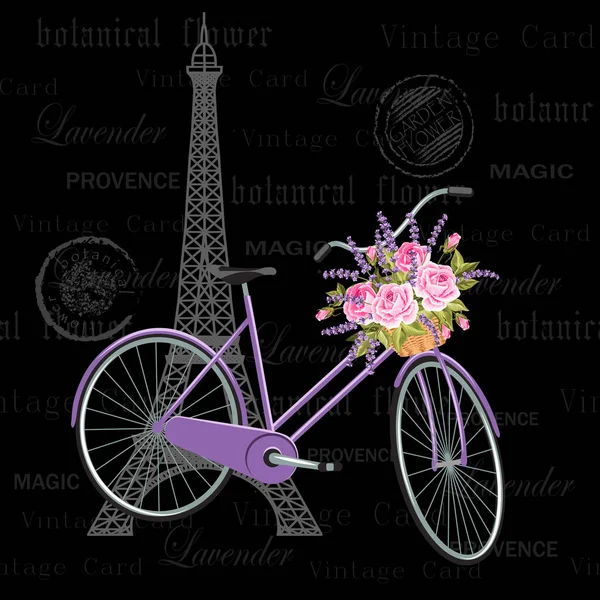에펠 탑 과 자전거를 타고 있는 빈티지 엽서. — 스톡 벡터