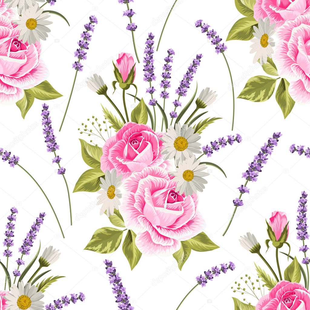 Seamless floral pattern with pink roses and lavenders on white background