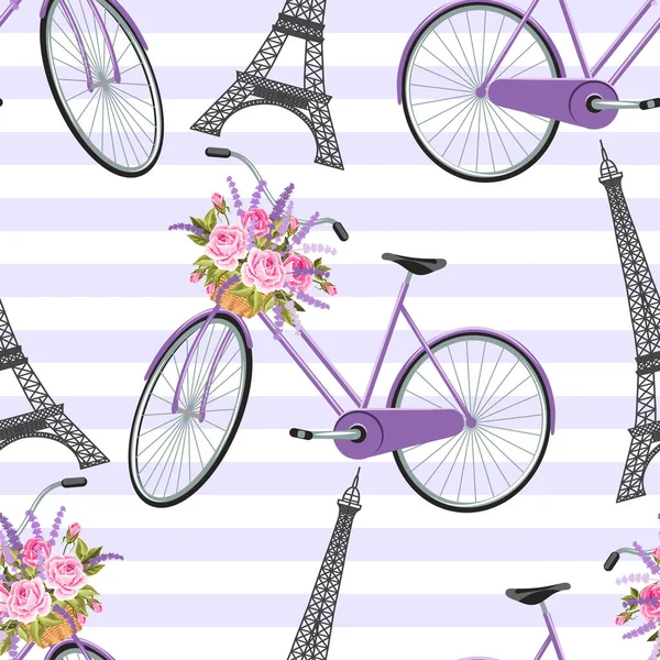 꽃 이 가득 담긴 바구니, 에펠 탑, 자전거, 바다없는 무늬 — 스톡 벡터