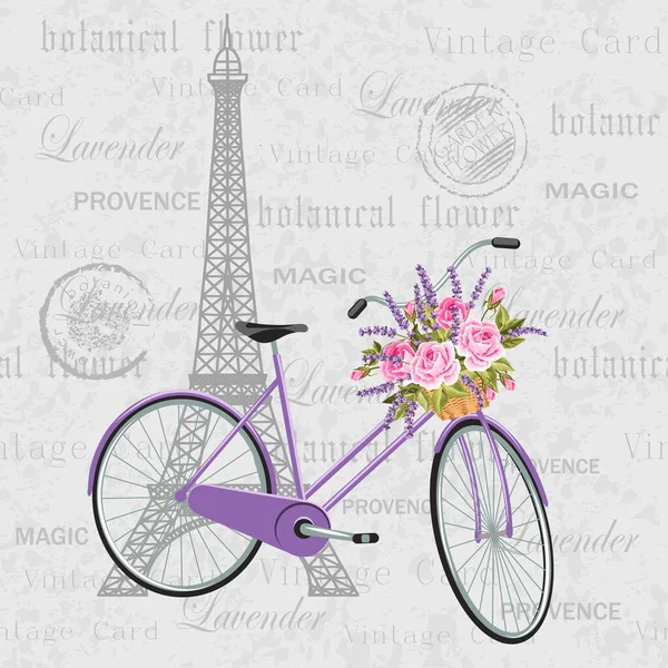 꽃 이 가득 담긴 바구니가 달린 바이올렛 자전거. 에펠 탑 이 있는 빈티지 엽서 배경. 벡터 일러스트 — 스톡 벡터