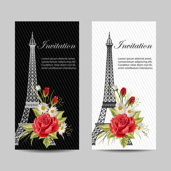Conjunto de pancartas verticales con Torre Eiffel y flores . — Vector de stock